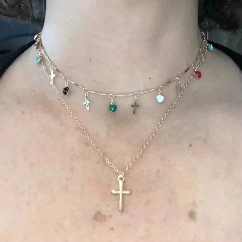 Gold Double Layer Multicolor Heart & Cross Station Choker Necklace NWT